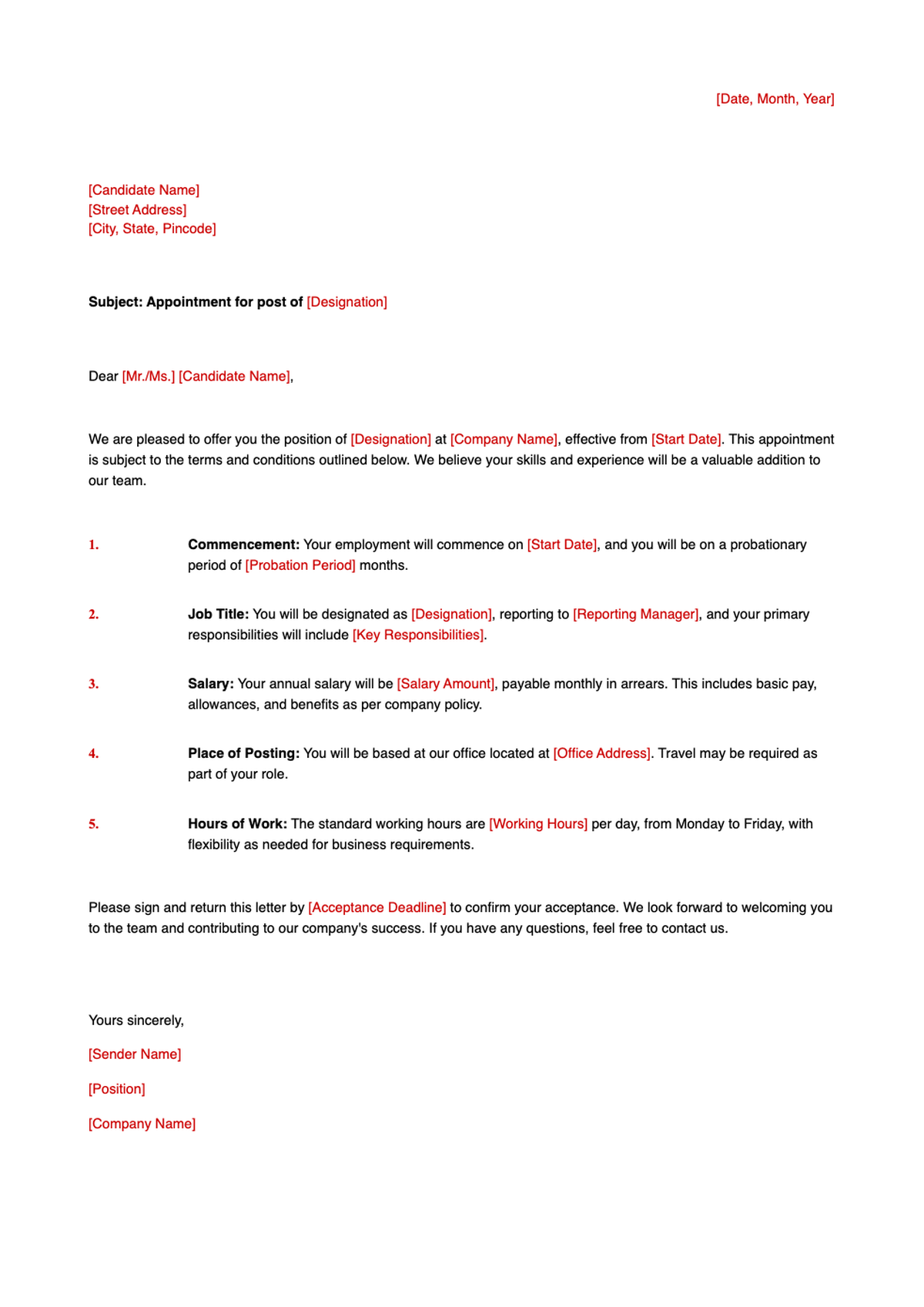 Standard job offer letter template with placeholder fields_variant_3